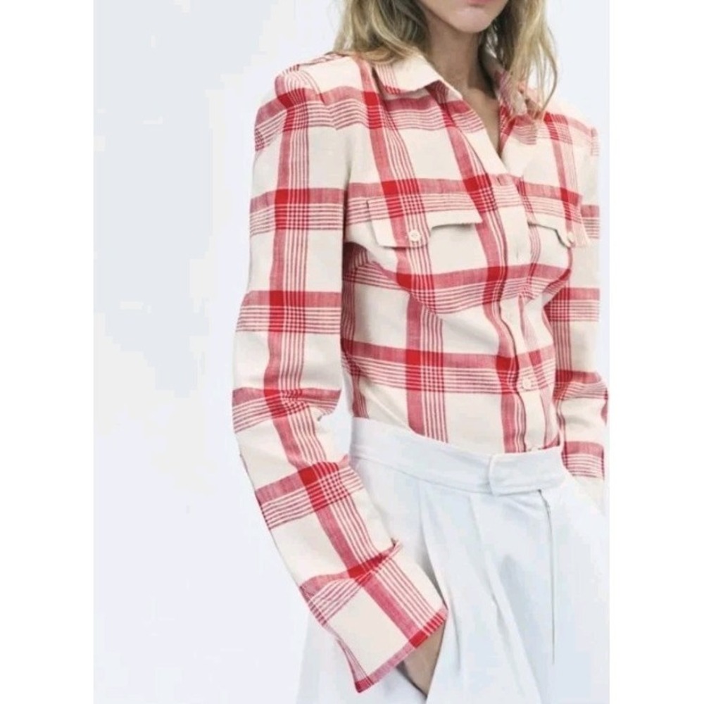 Zara ZW Collection Checked Button Up Shirt Shoulder Pads Red Sz S NWT - Picture 13 of 14
